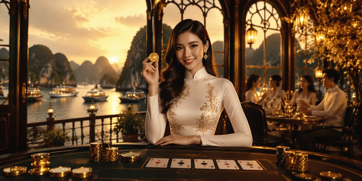 Cảnh Baccarat sang trọng với trang phục áo dài trên nền vịnh Hạ Long hùng vĩ