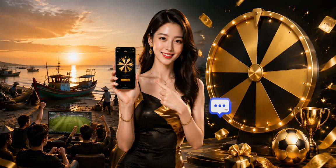Người chơi tham gia vòng quay may mắn tại bãi biển Mũi Né trong không gian nghỉ dưỡng cao cấp